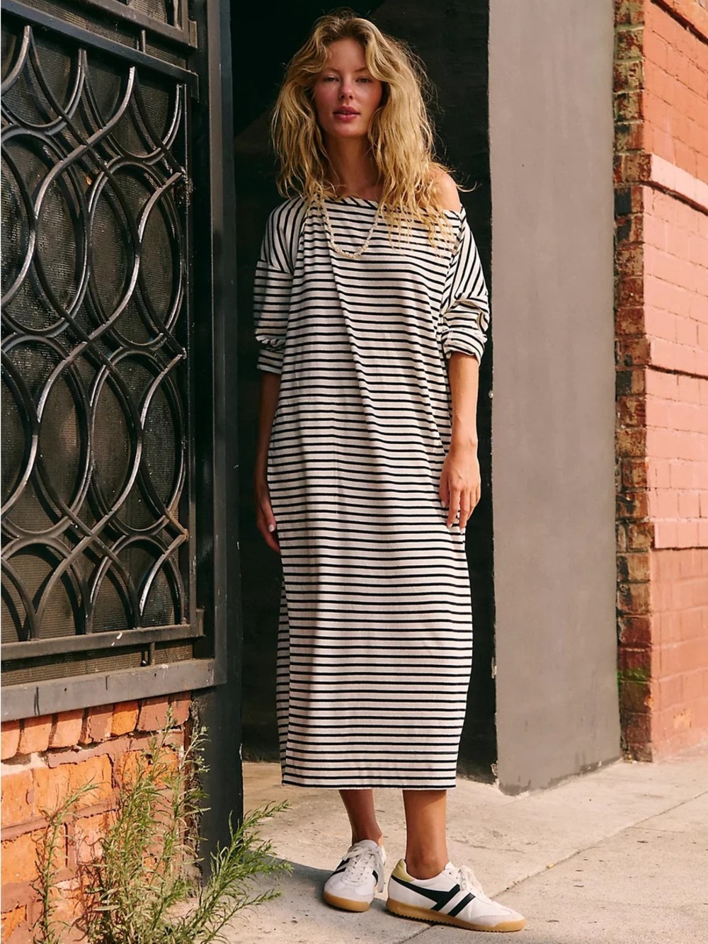 Free People Beach Tivoli Maxi Dress Striped Oversized Size XS Slit Black White